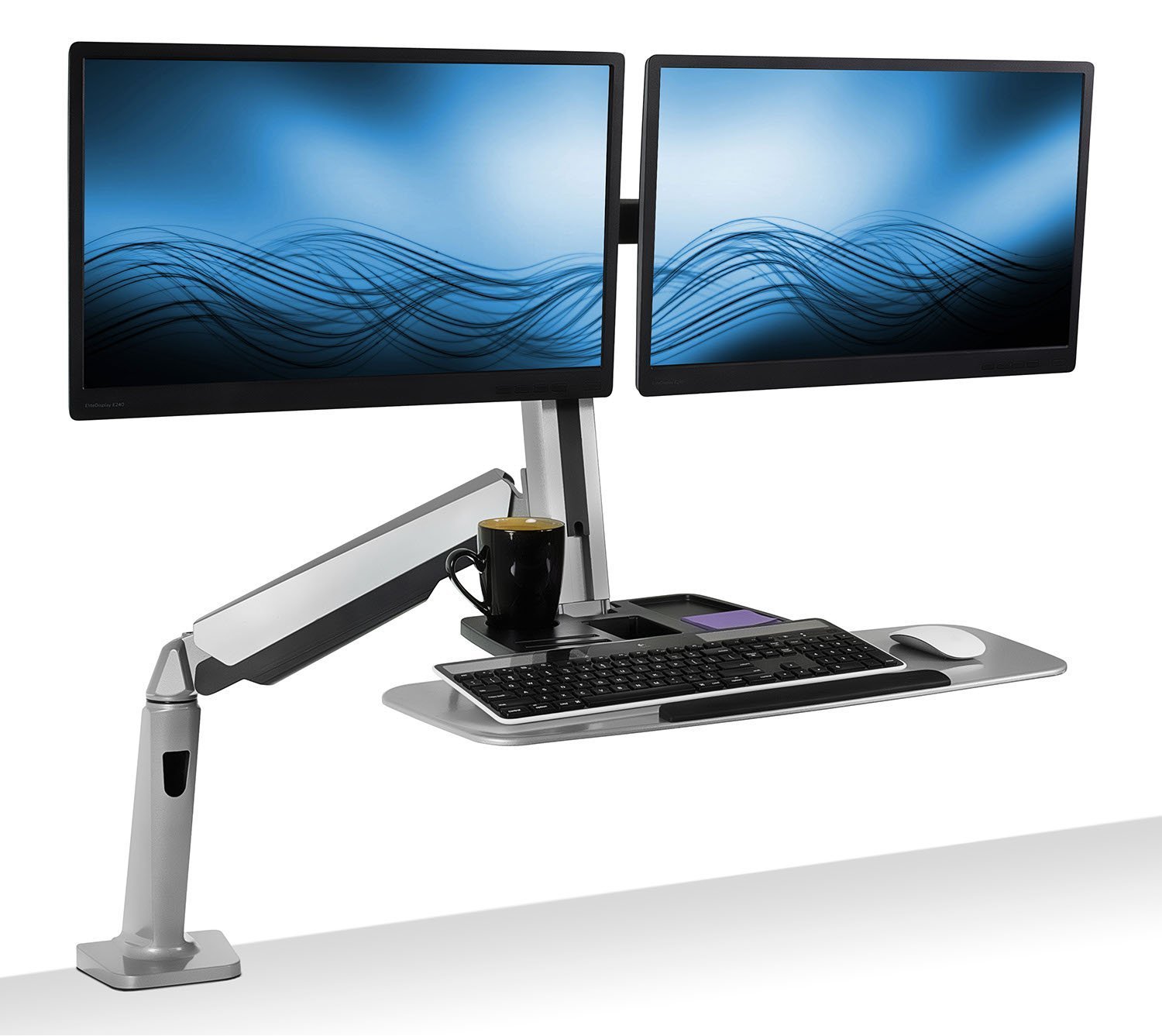 Dual monitor mount with keyboard tray showing complete setup