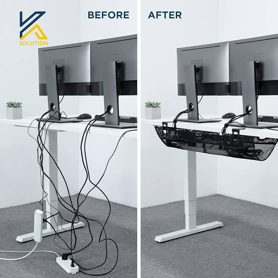 Cable management before and after showing dramatic improvement