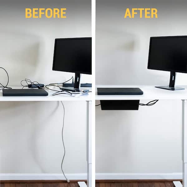 Before and after comparison of desk cable management