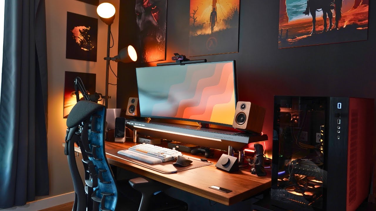 Ergonomic workspace showing proper monitor and chair positioning